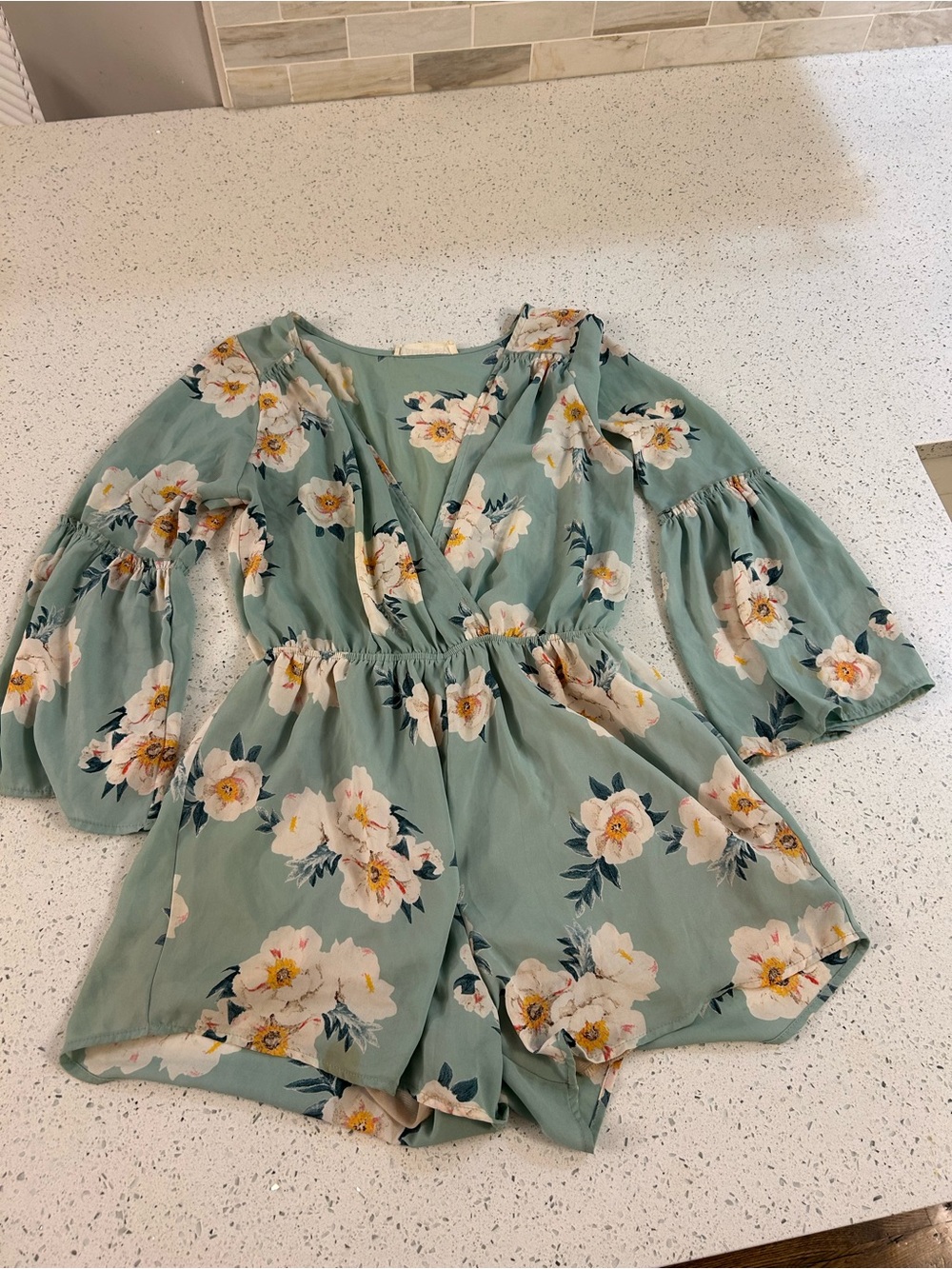 Floral V-Neck Romper in Sage Green